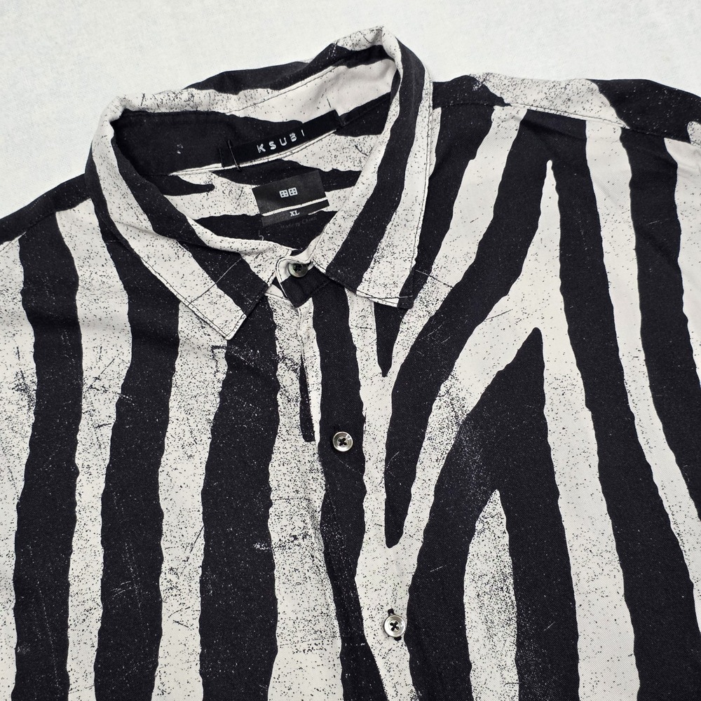 Ksubi Shirt Mens XL‎ Black White Zebra Print Camp Loop Collar Beach Flowy